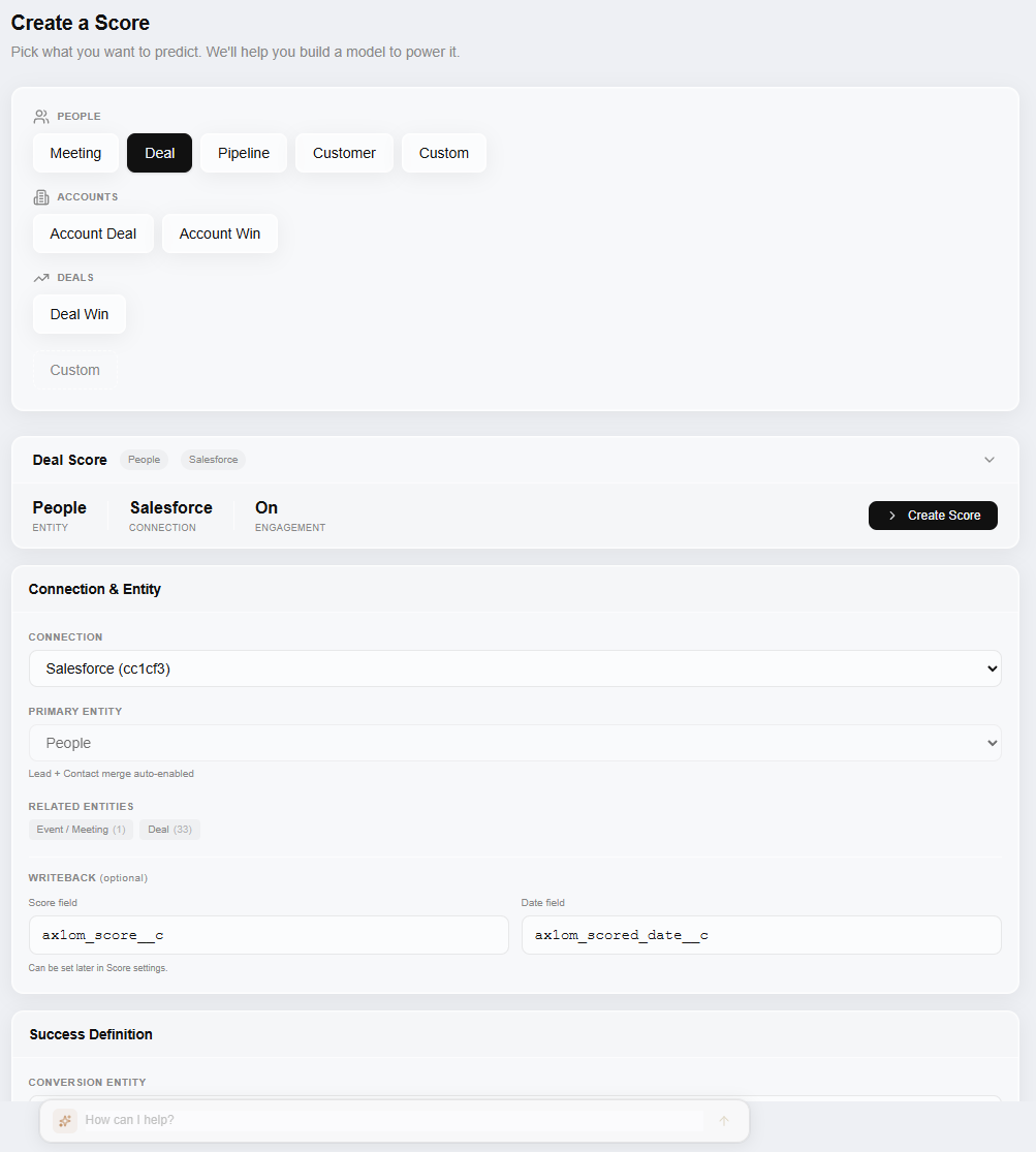 ax1om score creation wizard showing scoring intent picker (People, Accounts, Deals), CRM connection with Salesforce, primary entity selection, and writeback field configuration